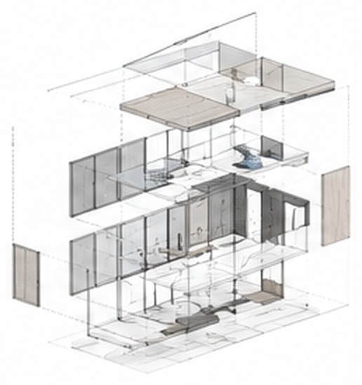 Exploded architectural BIM axonometric model