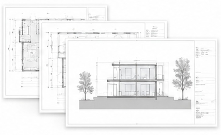 Architectural construction drawing sheets arranged for review