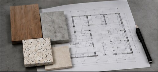 Material samples arranged over an architectural floor plan