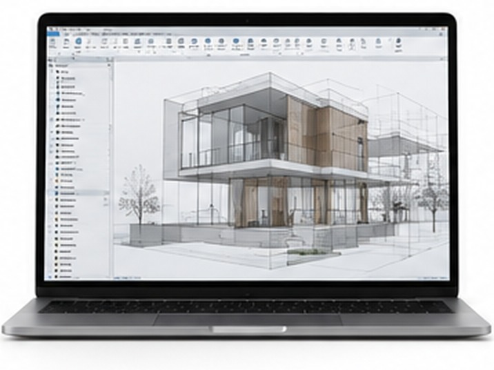 Architectural production workflow displayed on a laptop