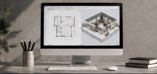 Architectural workstation showing a floor plan and three-dimensional model