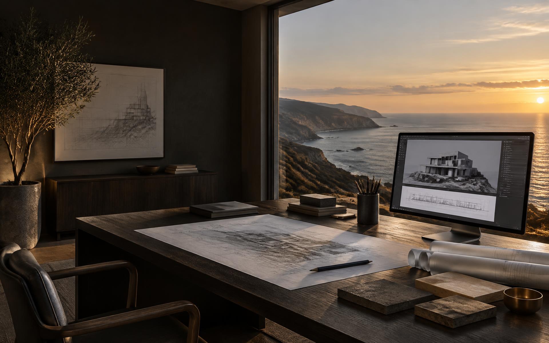 Architect's workspace with drawings, material samples and a BIM model overlooking the coast